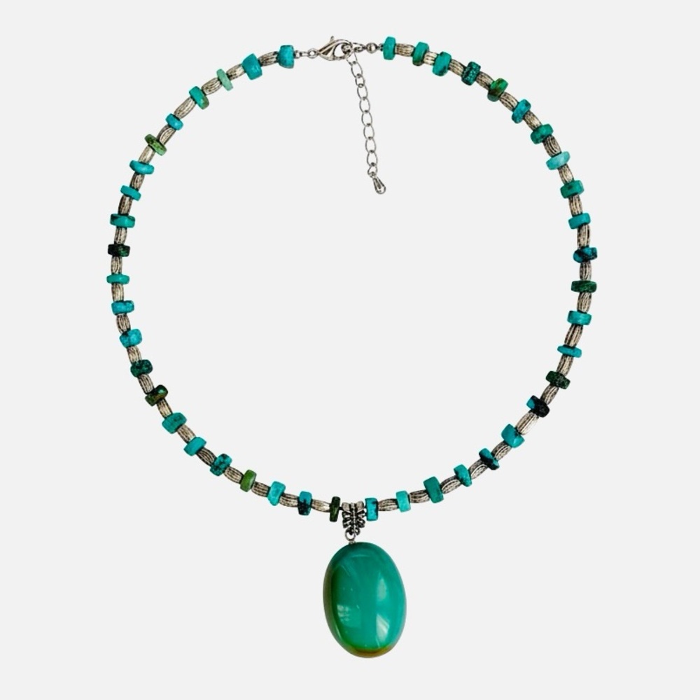 Turquoise Silver Stone Pendant Bead Choker Necklace
